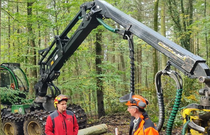 Schweres Gerät im Dietlinger Wald: Matthias Nowak vom mit der Holzernte beauftragten Forstunternehmen August Schweitzer (links) mit Revierleiter Ralf Rothweiler vor einem Vollernter.  <span class='image-autor'>Foto: Enzkreis/Gerster</span>