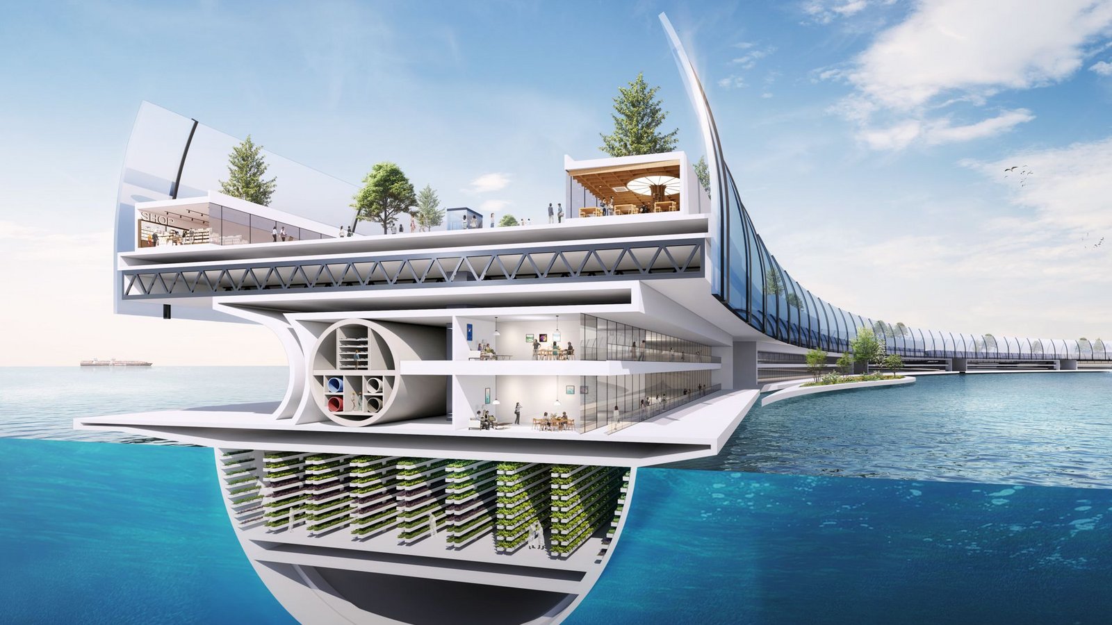 Drei Zonen sind in „Dogen City“ geplant: für Dauerbewohner, für Touristen und Nahrungsmittelfarmen sowie eine dritte für eine Serverfarm unter Wasser. 2030 soll die schwimmende Stadt fertig sein.Foto: N-Ark/privat Drei Zonen sind in „Dogen City“ geplant: für Dauerbewohner, für Touristen und Nahrungsmittelfarmen sowie eine dritte für eine Serverfarm unter Wasser. 2030 soll die schwimmende Stadt fertig sein.Foto: N-Ark/privat