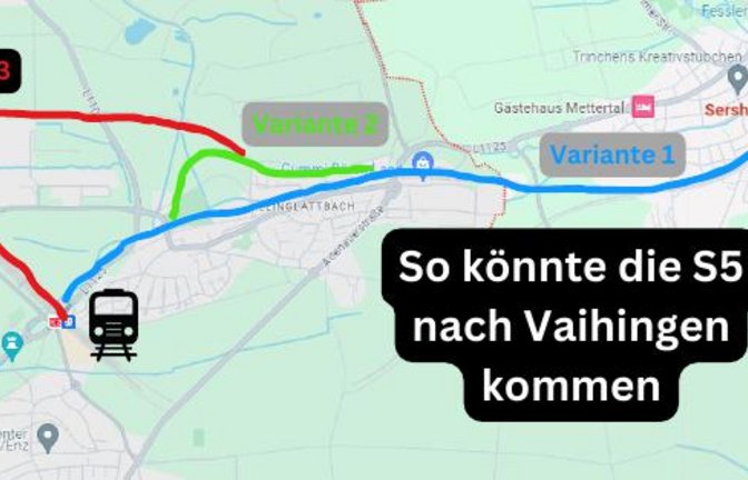 S5 S 5 S-Bahn SBahn Bahn Verlängerung Vaihingen Machbarkeitsstudie karte Varianten Variante Grafik: VKZ/Canva  Screenshot: google maps