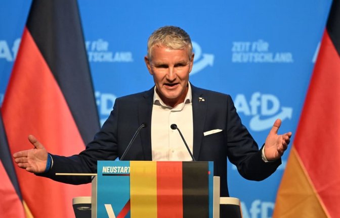 Björn Höcke, Vorsitzender der AfD in Thüringen, spricht während des Bundesparteitags der AfD.Höcke will BSW-Gründerin Sahra Wagenknecht zur neuen Regierungschefin von Thüringen machen.<span class='image-autor'>Katharina Kausche/dpa</span>