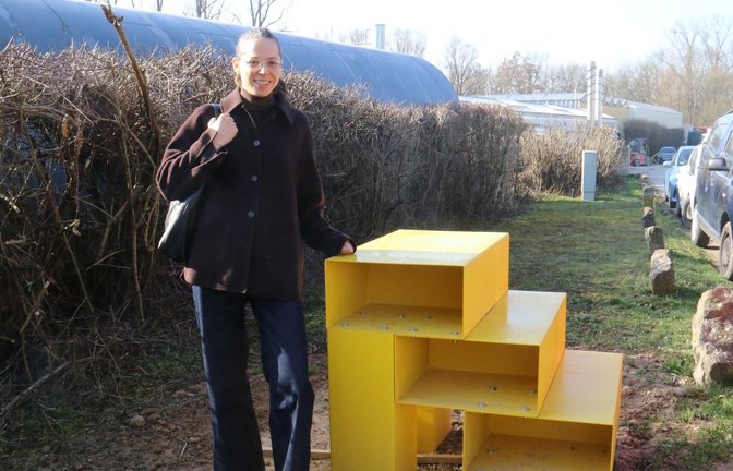 Die IBA-Projektleiterin Tina Muhr am gelben IBA-Projektmarker – dieser steht zwar schon beim Betriebsgelände Natterer, soll später aber an den Neubau gerückt werden.