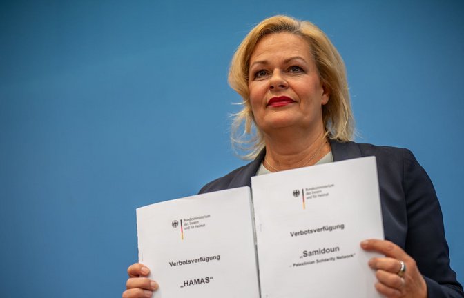 Bundesinnenministerin Nancy Faeser hat Verbote gegen die Hamas und das Netzwerk Samidoun erlassen.<span class='image-autor'>Foto: dpa/Michael Kappeler</span>