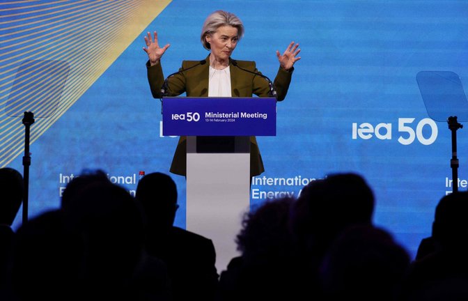 Ursula von der Leyen betreibt auf einer Veranstaltung in Paris Werbung im Kampf gegen den Klimawandel – und auch für sich selbst.<span class='image-autor'>Foto: AFP/IAN LANGSDON</span>