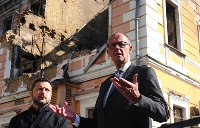 Bundeskanzler Friedrich Merz (r.) bei seinem jüngsten Besuch in Kiew, hier mit dem ukrainischen Präsidenten Wolodymyr Selenskyj.<span class='image-autor'>Kay Nietfeld/dpa</span>