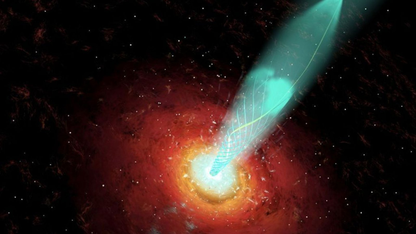Die Computergrafik zeigt ein Schwarzes Loch, das Gas ins Weltall schleudert und dabei eine spiralförmige Spur hinterlässt.Foto: (Nasa/dpa