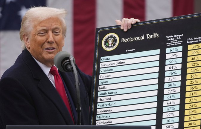 US-Präsident Donald Trump zeigt die Tafel mit den geplanten Zöllen für die einzelnen Länder.<span class='image-autor'>Foto: AP/Mark Schiefelbein</span>