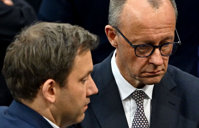 Sie müssen sich einig werden: SPD-Chef Lars Klingbeil (li.) und Unionskanzlerkandidat Friedrich Merz.<span class='image-autor'>Foto: AFP/RALF HIRSCHBERGER</span>