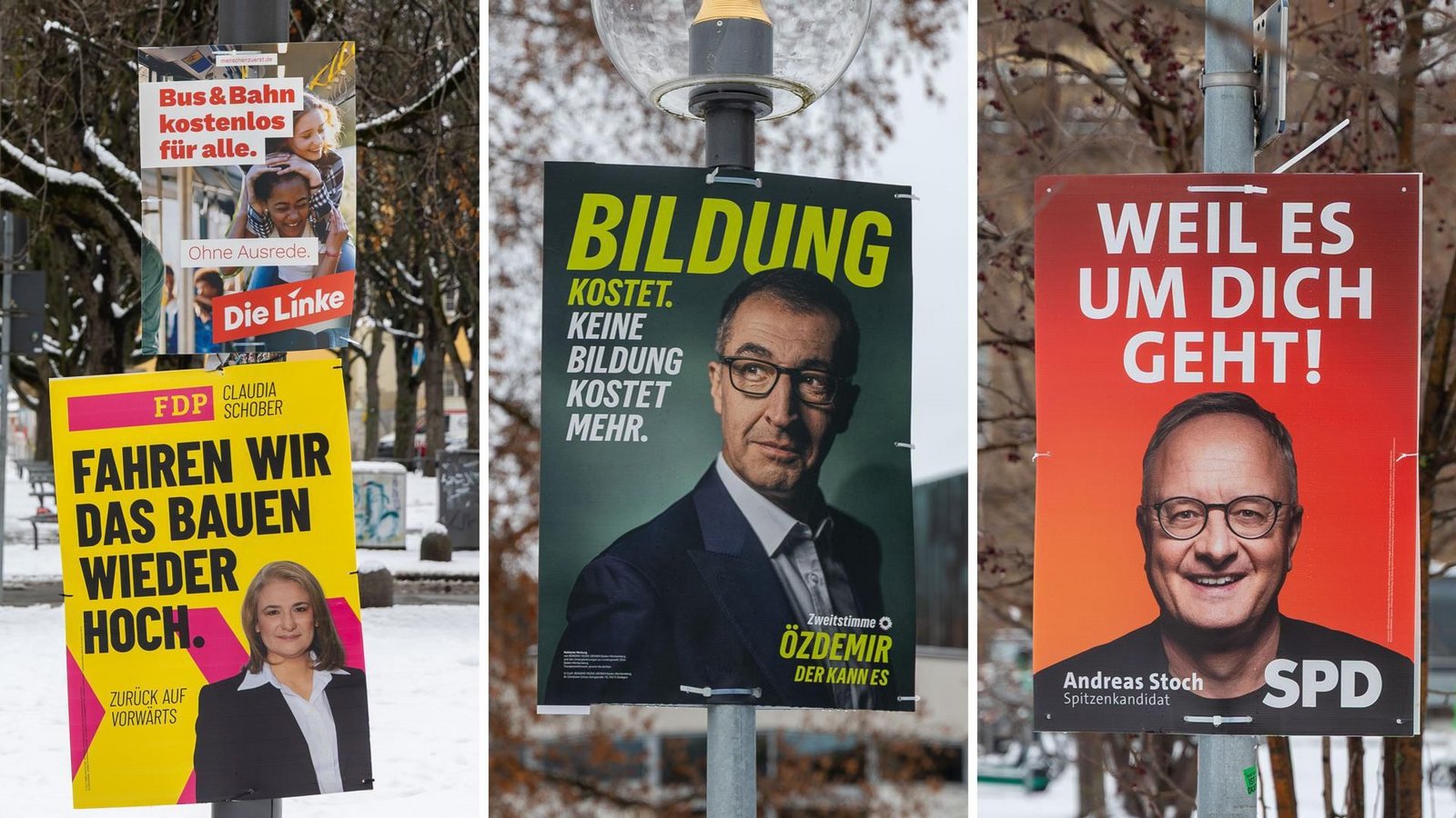 Auf den Plakaten zur Landtagswahl geht es ums Bauen, Busse, Bildung oder „dich“ – aber so gut wie nicht um die Mieten.Foto: Lichtgut/Leif Piechowski