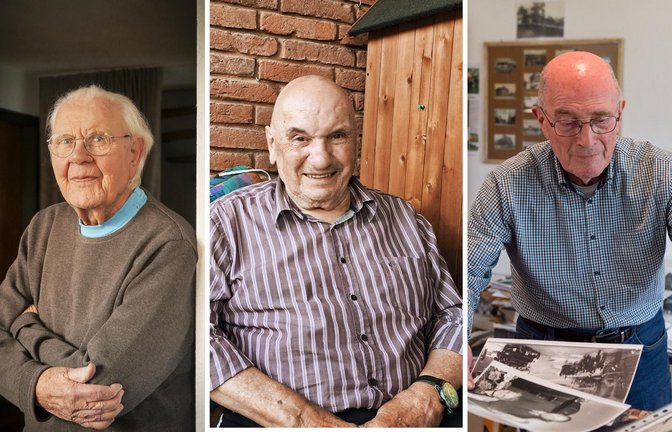Drei Zeitzeugen des Krieges: Eberhard Röhm, Hermann Schweizer und Walter Rieker (von links).<span class='image-autor'>Foto: Simon Granville/Maximilian Kroh/LICHTGUT/Max Kovalenko</span>