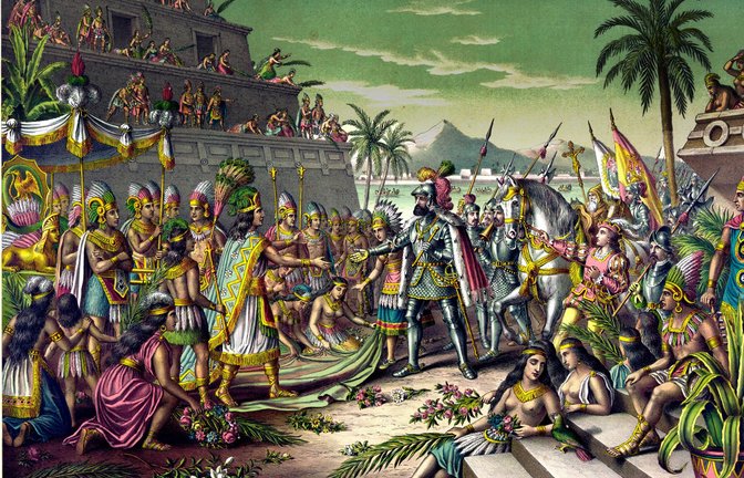 Die Begegnung von Azteken­könig Moctezuma II. und Hernán Cortés am 8. November 1519 in Tenochtitlán. Der Künstler ist unbekannt<span class='image-autor'>Foto: IMAGO/UIG/_</span>