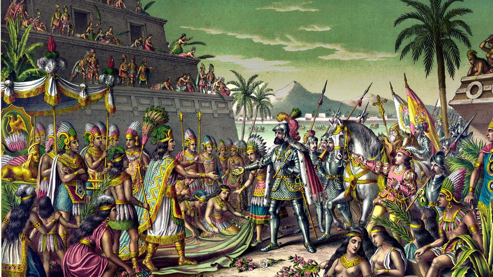 Die Begegnung von Azteken­könig Moctezuma II. und Hernán Cortés am 8. November 1519 in Tenochtitlán. Der Künstler ist unbekanntFoto: IMAGO/UIG/_