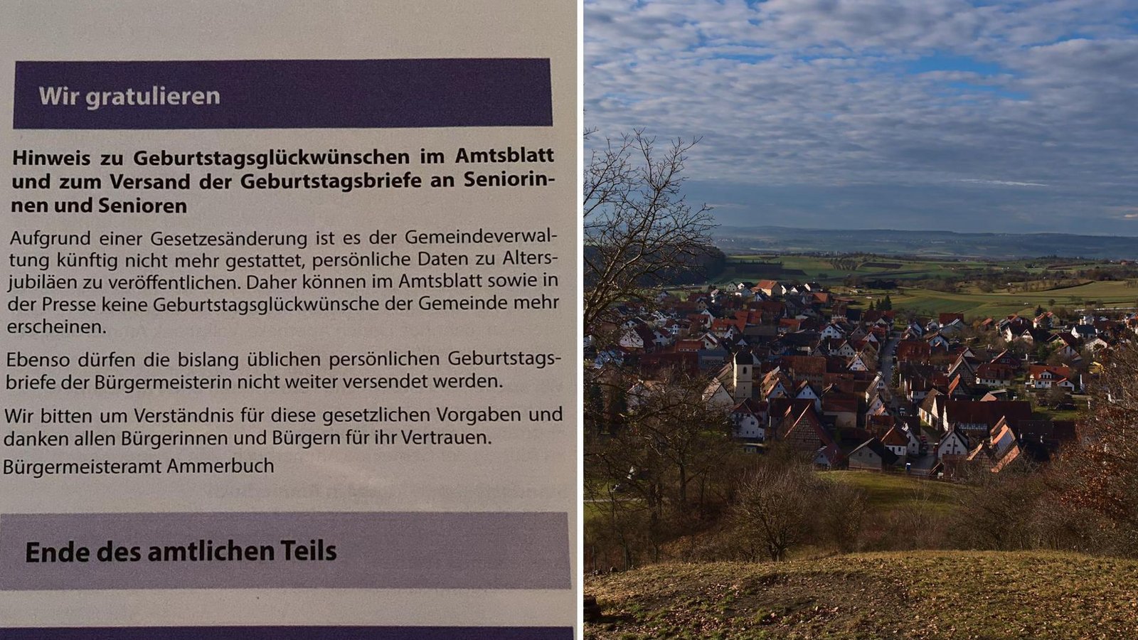 Die Tübinger Nachbargemeinde Ammerbuch zieht Konsequenzen aus dem Datenschutz-Verfahren gegen die Unistadt und stellt nun selbst die Geburtstagsgrüße im Amtsblatt ein.Foto: privat, imago/Dreamstime Die Tübinger Nachbargemeinde Ammerbuch zieht Konsequenzen aus dem Datenschutz-Verfahren gegen die Unistadt und stellt nun selbst die Geburtstagsgrüße im Amtsblatt ein.Foto: privat, imago/Dreamstime