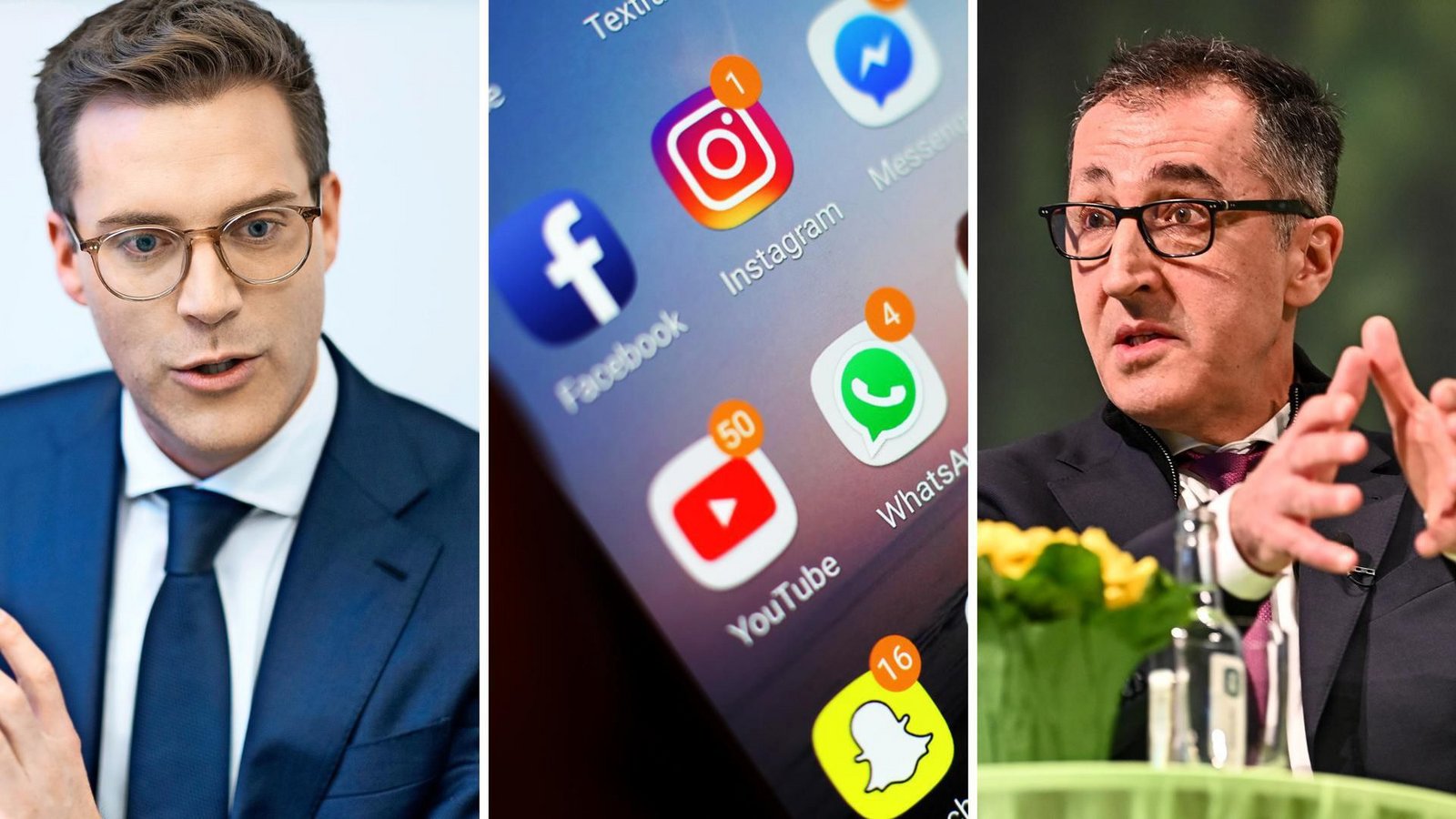 CDU-Spitzenkandidat Manuel Hagel ist gegen ein Social-Media-Verbot, sein Konkrahent Cem Özdemir von den Grünen dafür.Foto: Yui Mok/PA Wire/dpa