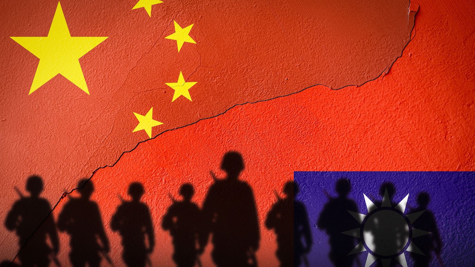 Die Schatten von Soldaten sind vor den Flaggen von China und Taiwan zu sehen.Foto: Imago/Pond5 Images Die Schatten von Soldaten sind vor den Flaggen von China und Taiwan zu sehen.Foto: Imago/Pond5 Images