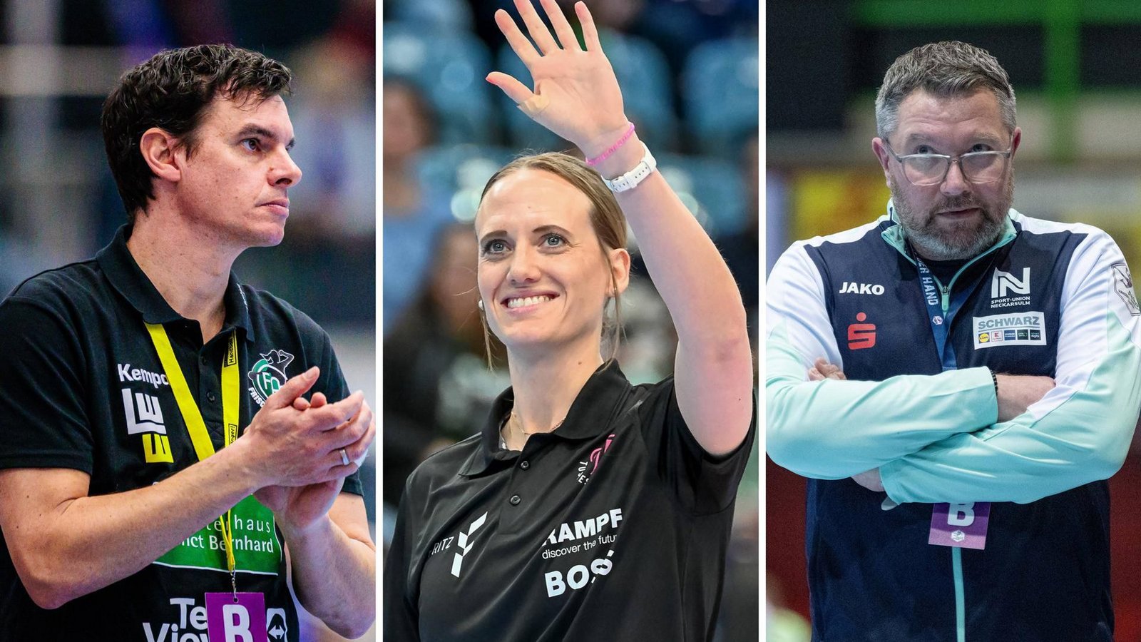 Verantwortung auf der Trainerbank (v.li.): Nico Kiener (Frisch Auf Göppingen), Miriam Hirsch (TuS Metzingen), Thomas Zeitz (Sport-Union Neckarsulm).Foto: IMAGO/Eibner Verantwortung auf der Trainerbank (v.li.): Nico Kiener (Frisch Auf Göppingen), Miriam Hirsch (TuS Metzingen), Thomas Zeitz (Sport-Union Neckarsulm).Foto: IMAGO/Eibner