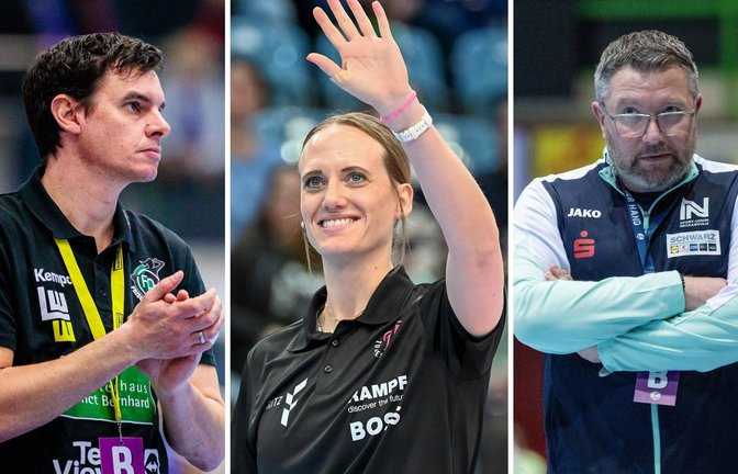 Verantwortung auf der Trainerbank (v.li.): Nico Kiener (Frisch Auf Göppingen), Miriam Hirsch (TuS Metzingen), Thomas Zeitz (Sport-Union Neckarsulm).<span class='image-autor'>Foto: IMAGO/Eibner</span>
