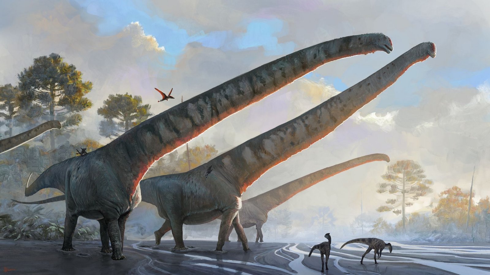 Die undatierte Illustration des Natural History Museums zeigt "Mamenchisaurus sinocanadorums".Foto: Julia D Oliveira/ Natural Histor/Natural History Museum via PA Media/dpa