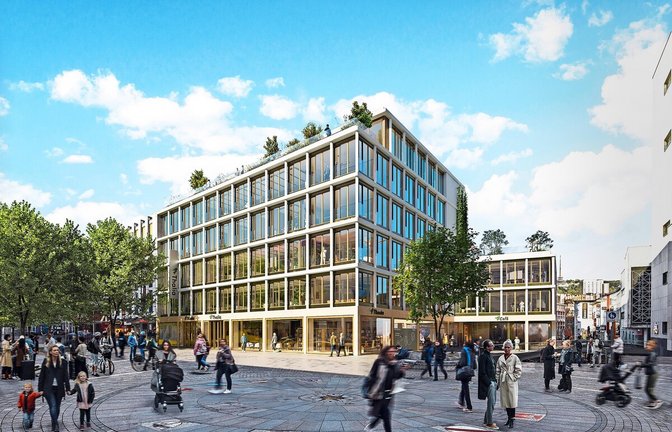 So soll das neue Gebäude an der Ecke Königstraße/Schulstraße aussehen, in das Thalia/Wittwer im Winter 2027/2028 einziehen will.<span class='image-autor'>Foto: Thalia</span>
