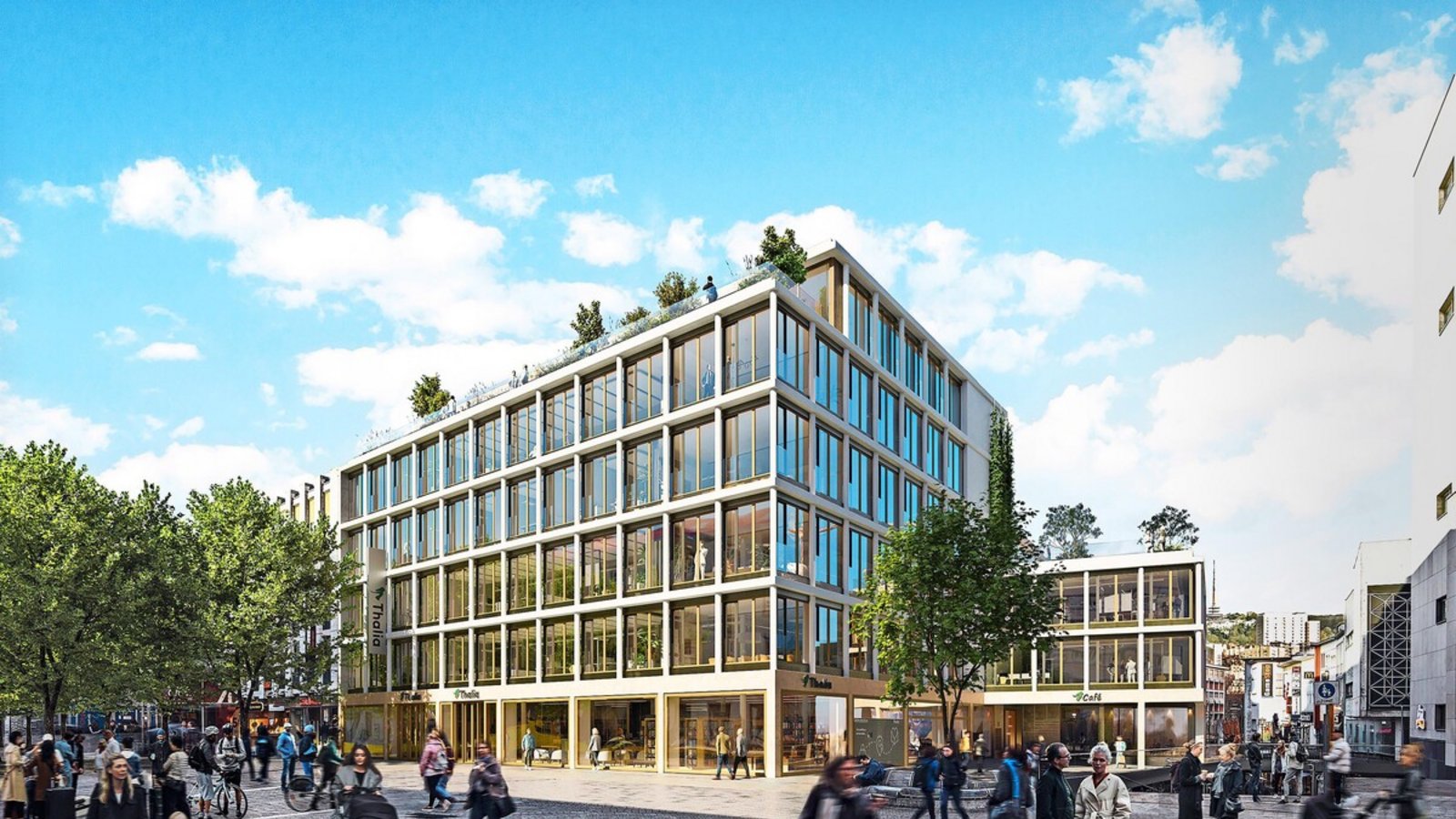 So soll das neue Gebäude an der Ecke Königstraße/Schulstraße aussehen, in das Thalia/Wittwer im Winter 2027/2028 einziehen will.Foto: Thalia So soll das neue Gebäude an der Ecke Königstraße/Schulstraße aussehen, in das Thalia/Wittwer im Winter 2027/2028 einziehen will.Foto: Thalia
