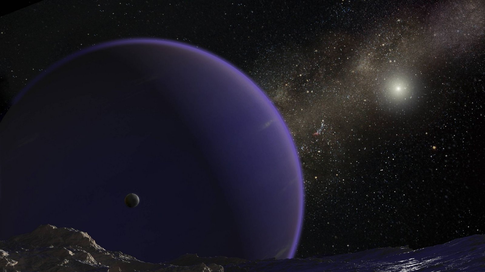 Künstlerische Darstellung der Eiswelt von Planet Neun. Im Hintergrund ist Neptun zu sehen.Foto: Imago/StockTrek Images/Steven Hobbs Künstlerische Darstellung der Eiswelt von Planet Neun. Im Hintergrund ist Neptun zu sehen.Foto: Imago/StockTrek Images/Steven Hobbs