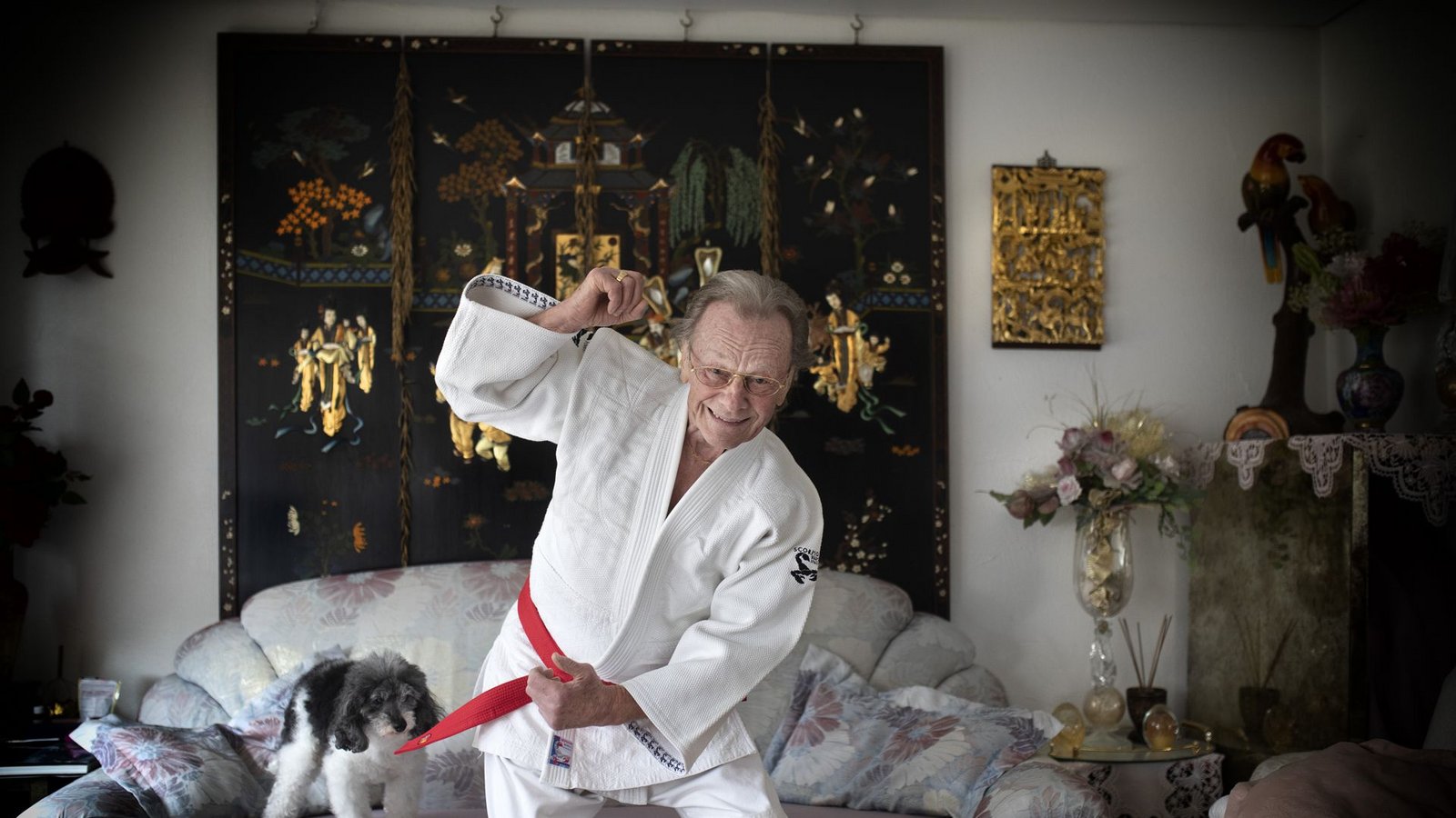 Der Königsbronner Dieter Seibold mit dem roten Gürtel und seinem Pudel Benji in seinem japanisch geprägten Wohnzimmer.Foto: Horst Rudel