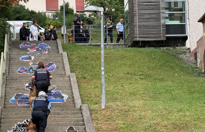 Montagmittag, 13.40 Uhr: Rund 20 Polizeibeamte mit einem halben Dutzend Hunden stürmen in die Tübinger Außenstelle der JVA Rottenburg in der Doblerstraße.<span class='image-autor'>Holger Weyhmüller</span>
