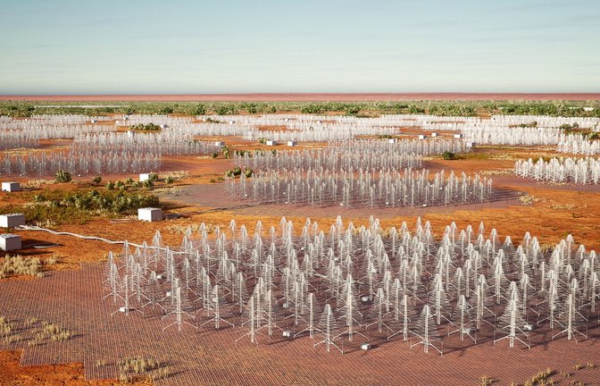 Eine künstlerische Darstellung des "Square Kilometre Array". Nach jahrzehntelangen Planungen und Verhandlungen haben im Outback von Westaustralien die Bauarbeiten für das größte Radioteleskop der Welt begonnen.<span class='image-autor'>Foto: -/OGILVY/AAP/dpa</span>