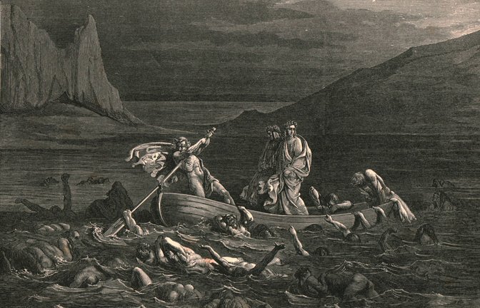 Fahrt in die Unterwelt: Der  Fährmann Charon bringt den Dichter Dante Alighier über den  Styx, der die Ober- von der Unterwelt trennt (Druck aus der Holzstichsammlung von Gustave Doré zu Dantes „Göttliche Komödie“/„Divina Commedia“ von 1861).<span class='image-autor'>Foto: Imago/Heritage Imag/s</span>