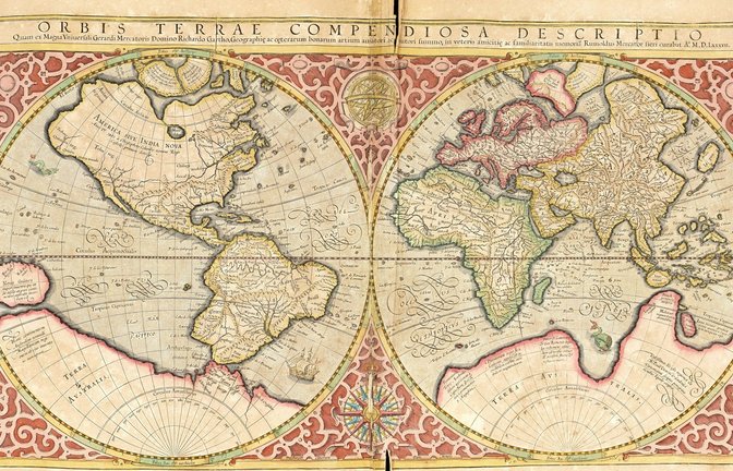 Weltkarte aus dem Jahre 1623: digital restaurierte Reproduktion von einem Kupferstich von Gerhard Mercator, geboren als Gheert Cremer (1512-1594).<span class='image-autor'>Foto: Imago/H. Tschanz-Hofmann</span>