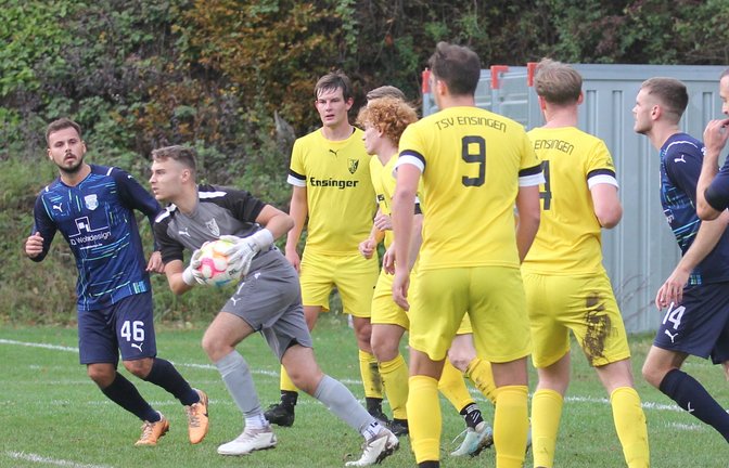 Zur starken Abwehr des TSV Ensingen gehört auch Keeper Lukas Lohfink (2. von links). Der Aufsteiger verfügt über das zweitbeste Bollwerk der Liga. <span class='image-autor'>Foto: Dittrich</span>