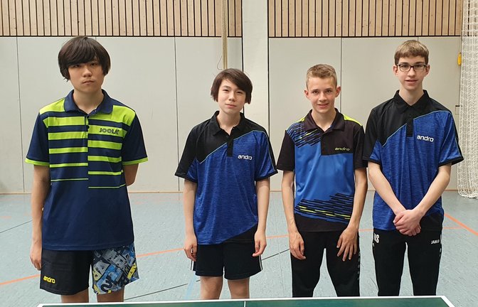 Die Jungenmannschaft des TSV Kleinglattbach hat sich nach einer souverän gespielten Saison den Meistertitel in der Tischtennis-Bezirksliga gesichert. Chen Krilla, Stellan Krilla, Jannik Wenz und Manuel Schneider (von links) blieben sogar mit 18:0 Punkten ungeschlagen. „In der nächsten Saison wird somit erstmals in der Vereinsgeschichte eine Kleinglattbacher Jugendmannschaft in der Landesliga vertreten sein“, freut sich Tischtennis-Jugendleiter Rainer Wenz.  <span class='image-autor'>Foto: privat</span>