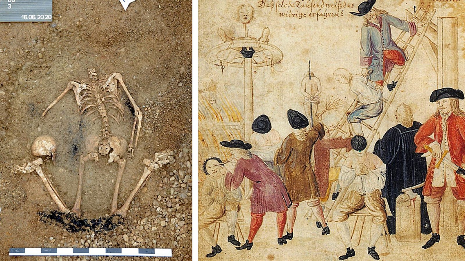 Das Skelett eines in Allensbach enthaupteten Mannes (links). Die historische Illustration zeigt eine Richtstätte um das Jahr 1720, wie sie auch am Bodensee ausgesehen haben könnte.Foto: Daniel Pfisterer/Barockes Welttheater Das Skelett eines in Allensbach enthaupteten Mannes (links). Die historische Illustration zeigt eine Richtstätte um das Jahr 1720, wie sie auch am Bodensee ausgesehen haben könnte.Foto: Daniel Pfisterer/Barockes Welttheater
