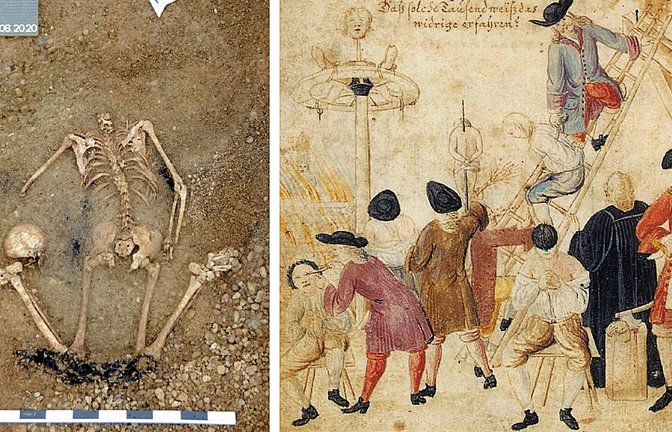 Das Skelett eines in Allensbach enthaupteten Mannes (links). Die historische Illustration zeigt eine Richtstätte um das Jahr 1720, wie sie auch am Bodensee ausgesehen haben könnte.<span class='image-autor'>Foto: Daniel Pfisterer/Barockes Welttheater</span>