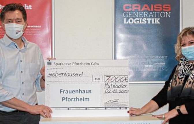 Geschäftsführer Michael Craiss überreicht Tanja Göldner vom Ökumenischen Frauenhaus Pforzheim einen symbolischen Scheck über 7000 Euro.  Foto: p