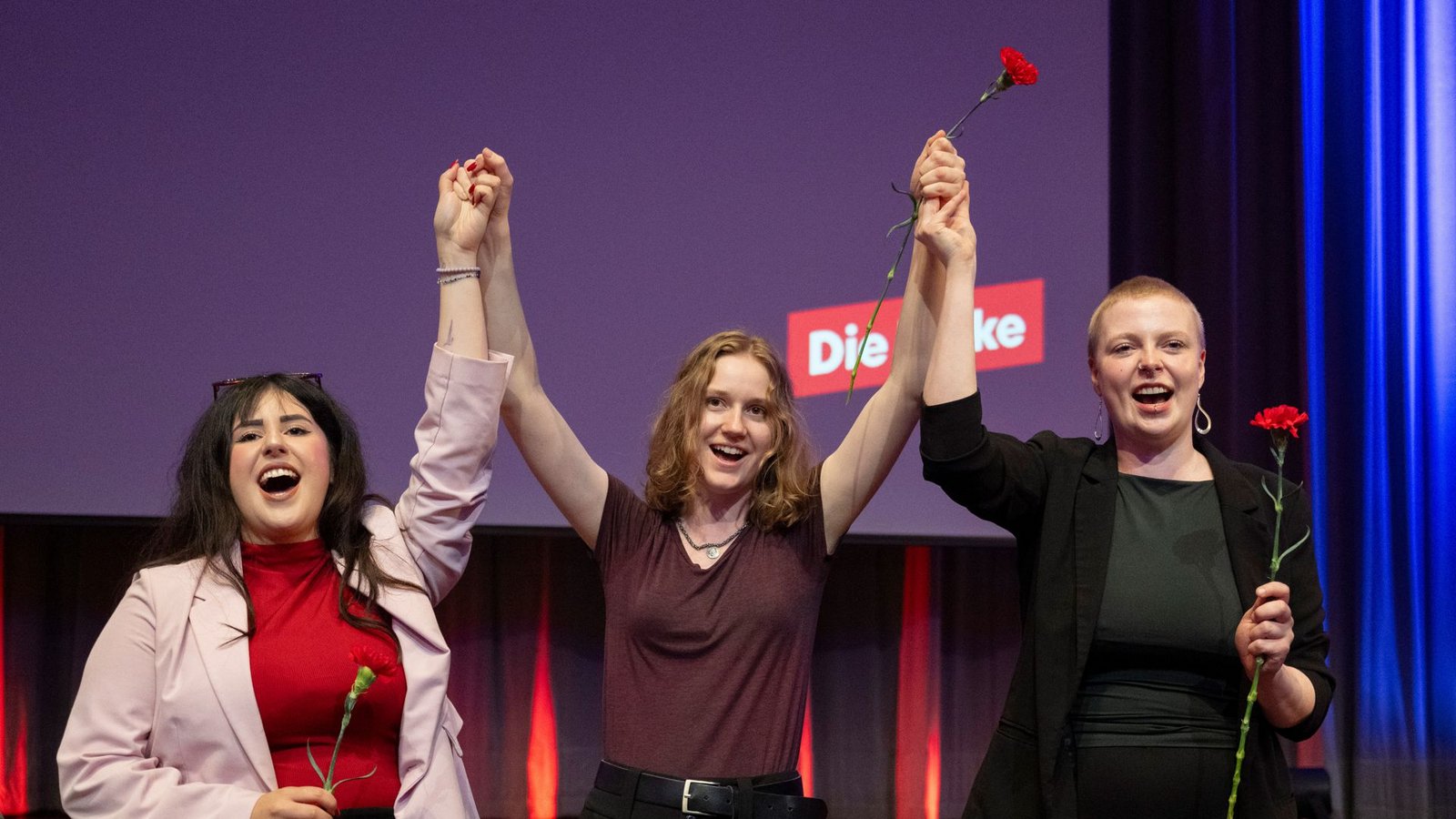 Das Spitzentrio der Linken: Mersedeh Ghazaei, Amelie Vollmer, Kim Bohnen (von links).Foto: Marijan Murat/dpa