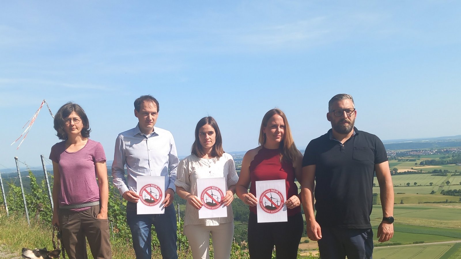 Sie wollen die Bürgerinnen und Bürger über den geplanten Energiepark entscheiden lassen (von links): Julia Wengert, Daniel Manka, Katharina Manka, Debora Sirp und Michael Sirp in den Hohenhaslacher Weinbergen mit Blick auf das Alleenfeld.  Foto: Glemser