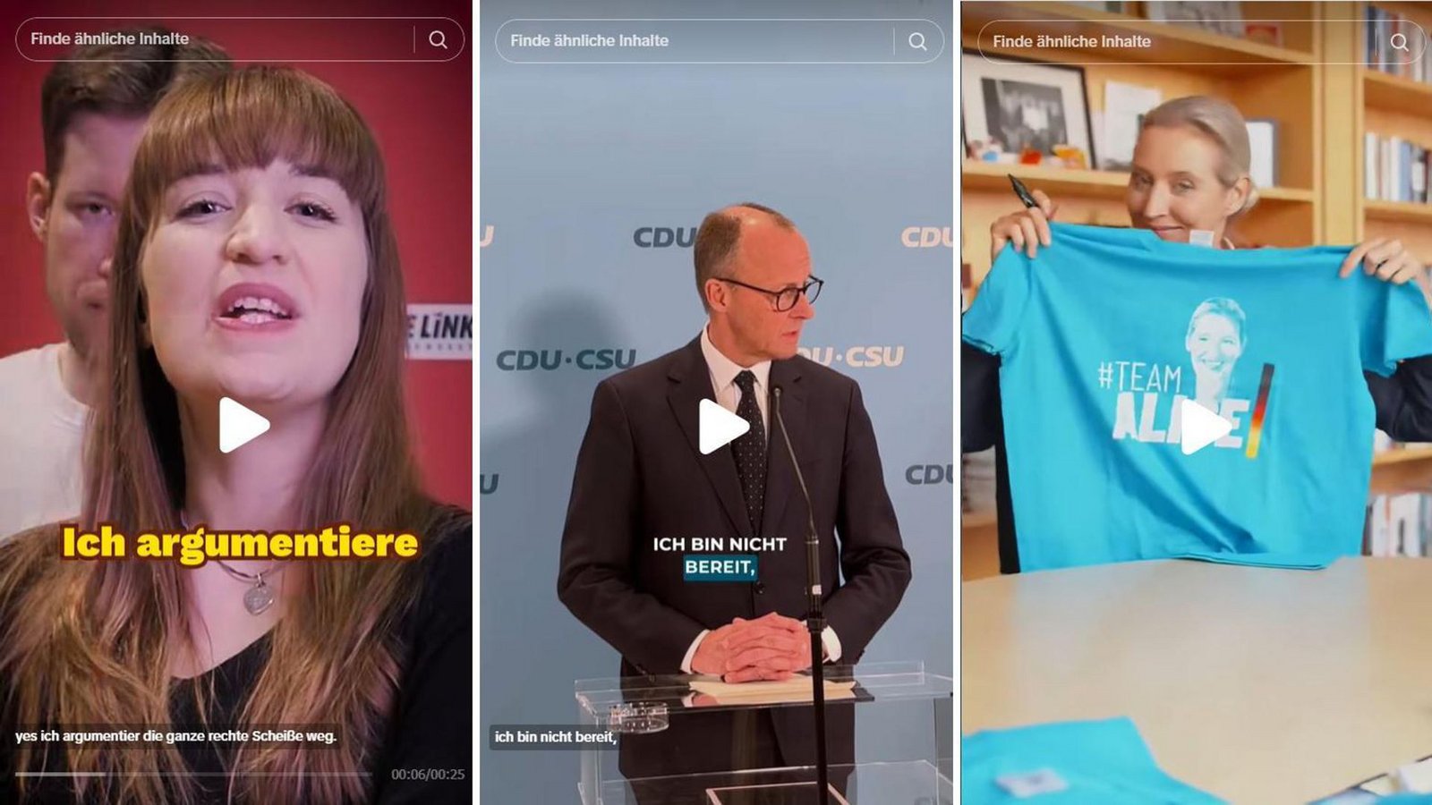 Politikerinnen und Politiker auf Tiktok – jeder präsentiert sich auf seine Weise.Foto: Linke, CDU und AfD bei Tiktok/ Politikerinnen und Politiker auf Tiktok – jeder präsentiert sich auf seine Weise.Foto: Linke, CDU und AfD bei Tiktok/