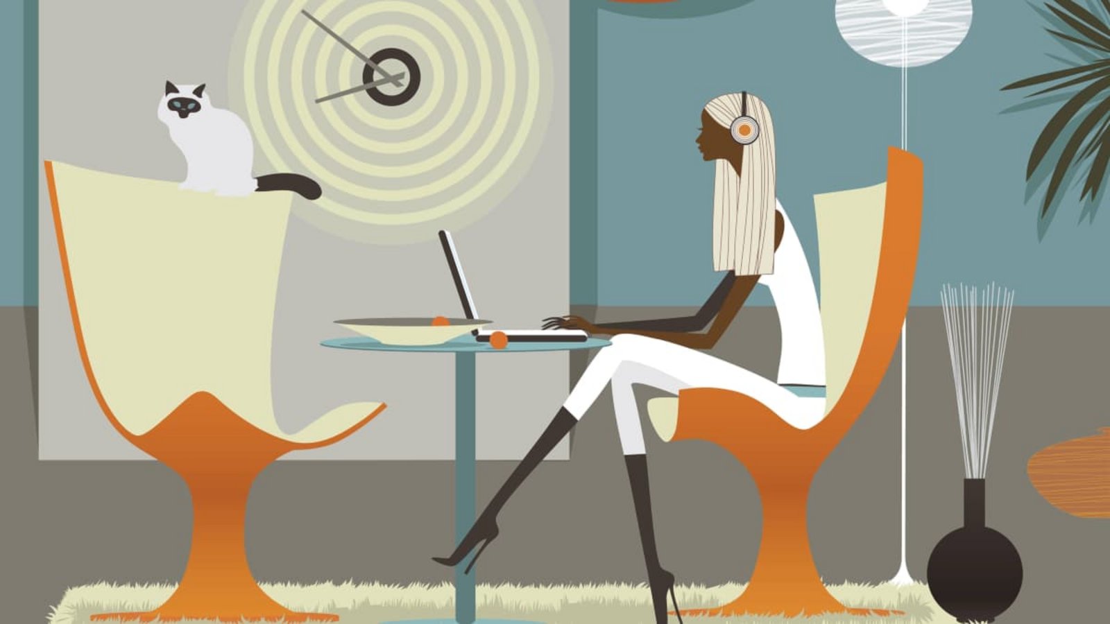 Frau hört Musik am Laptop in stylishem Interieur PUBLICATIONxINxGERxSUIxAUTxONLY Copyright: xVladaxKraminax 30930042imago images/Ikon Images