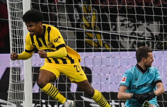 Dortmunds Karim Adeyemi feiert seinen Treffer gegen Leverkusen.<span class='image-autor'>Foto: Bernd Thissen/dpa</span>