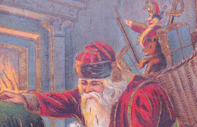 Weihnachtskarte um 1920: Nikolaus fragt  jedes Kind, ob es auch immer brav war. Den nur  brave Kinder kriegen Geschenke.<span class='image-autor'>Foto: Imago/Serienlicht</span>