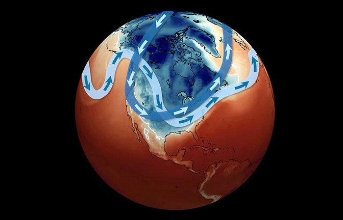 Diese Grafik zeigt den Grund für den Wintersturm und Kälteeinbruch in den USA: Der Polarwirbel (blau) und der Jetstream (hellblau) sind weit nach Süden hin ausgebeult. Die weiße Linie zeigt die Frostgrenze am 26. Januar 2026.<span class='image-autor'>Foto: © Mathew Barlow/CC-by 4.0</span>