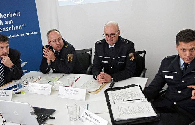 Frank Otruba, Christian Dettweiler, Axel Büchner und Markus Bauder (v.li.) stellen die Verkehrsunfallstatistik des Polizeipräsidiums vor. Foto: sf