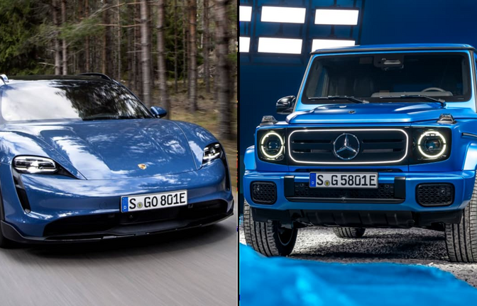 Porsche Taycan (links), Mercedes G-Klasse: Auch Käufe oder Leasings dieser hochpreisigen E-Autos können gefördert werden.<span class='image-autor'>www.imago-images.de, Mercedes-Benz AG</span>