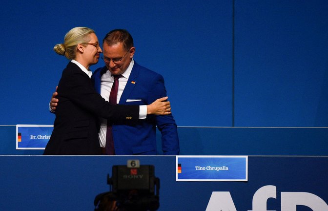 Gemeinsam wiedergewählt: Alice Weidel und Tino Chrupalla sind Vorsitzende der AfD.<span class='image-autor'>Foto: AFP/VOLKER HARTMANN</span>