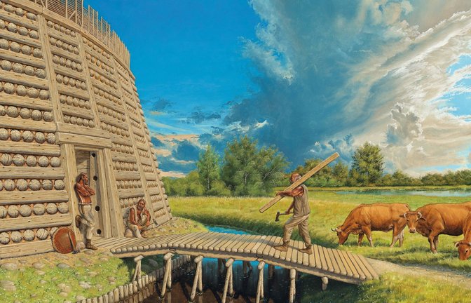 Rekonstruktion einer slawischen Rundburg des 9.-10. Jahrhunderts. Die offenen Dörfer der Einwanderergeneration wurden östlich der Elbe aufgrund des fränkisch-sächsischen Eroberungsdrucks ab dem 8. Jahrhundert zugunsten befestigter Anlagen aufgegeben.<span class='image-autor'>Foto: Landesamt für Denkmalpflege und Archäologie Sachsen-Anhalt</span>