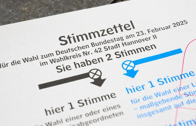 Ein Stimmzettel für die Bundestagswahl 2025 liegt als Muster in der Briefwahlstelle im Neuen Rathaus.<span class='image-autor'>Foto: dpa/Julian Stratenschulte</span>