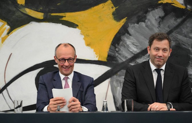 Fröhlich nach dem Koalitionsausschuss: Friedrich Merz und Lars Klingbeil.<span class='image-autor'>Foto: RALF HIRSCHBERGER/AFP</span>