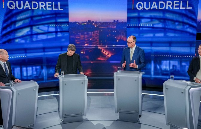 Die Spitzenkandidaten im Quadrell: Olaf Scholz (SPD), Robert Habeck (Grüne), Friedrich Merz (CDU) und Alice Weidel (AfD).<span class='image-autor'>Foto: dpa/Kay Nietfeld</span>