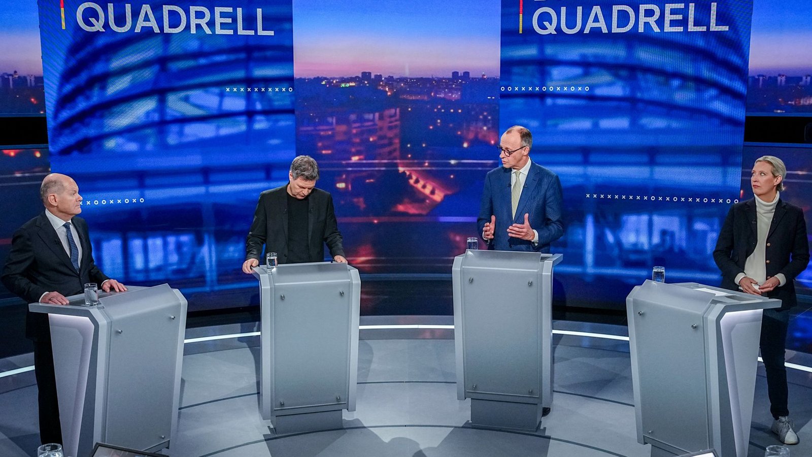 Die Spitzenkandidaten im Quadrell: Olaf Scholz (SPD), Robert Habeck (Grüne), Friedrich Merz (CDU) und Alice Weidel (AfD).Foto: dpa/Kay Nietfeld Die Spitzenkandidaten im Quadrell: Olaf Scholz (SPD), Robert Habeck (Grüne), Friedrich Merz (CDU) und Alice Weidel (AfD).Foto: dpa/Kay Nietfeld