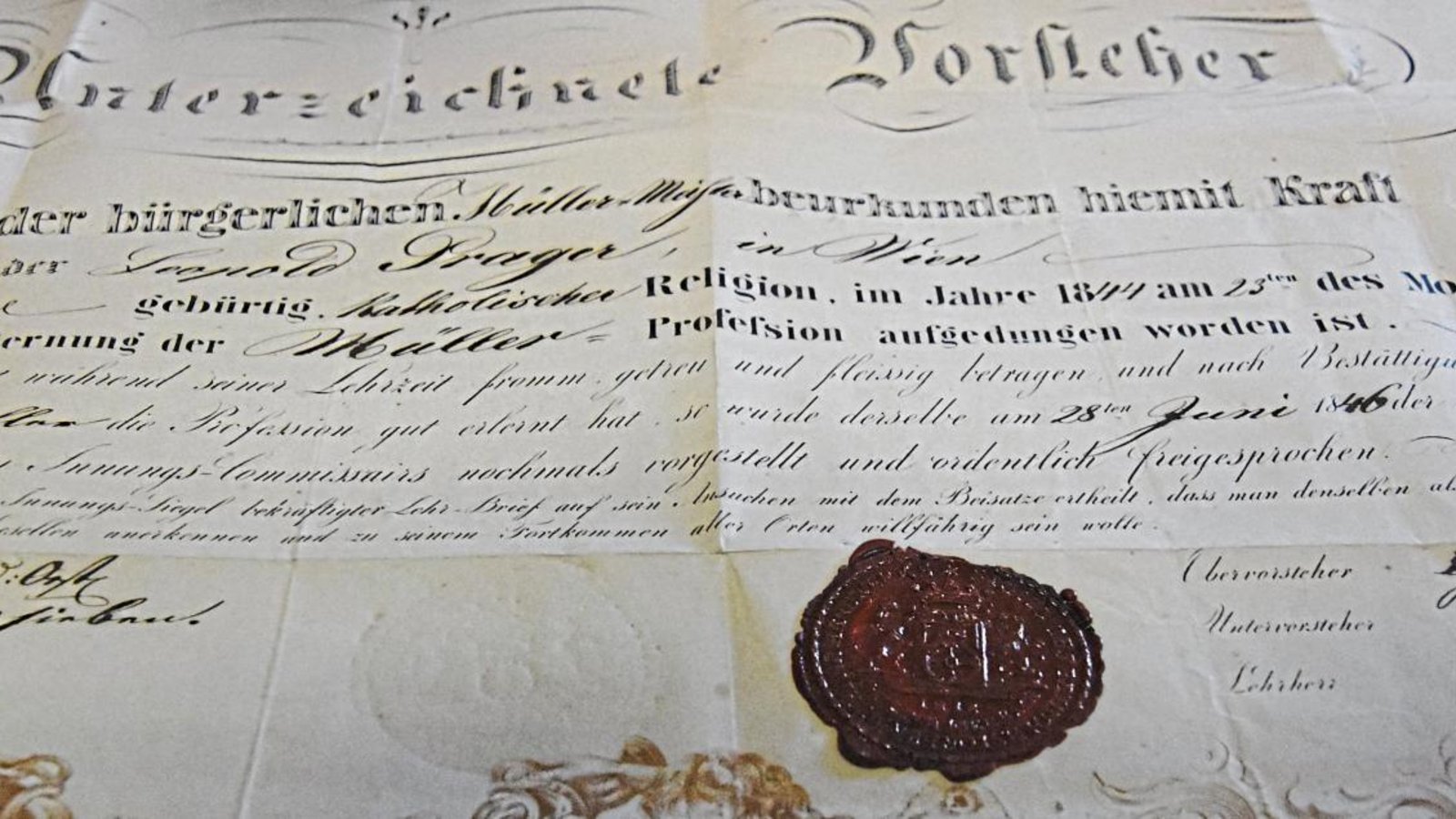 Eine Rarität, der Müllergesellenbrief von 1846. Fotos: wf Eine Rarität, der Müllergesellenbrief von 1846. Fotos: wf